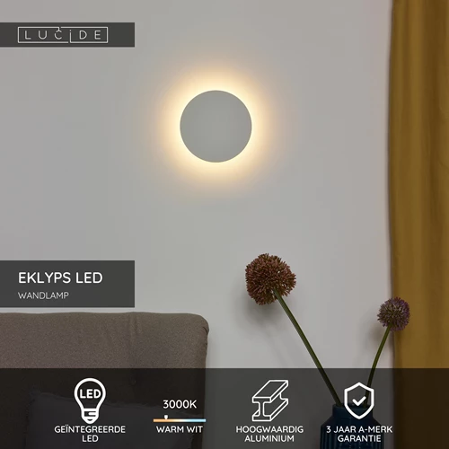 Lucide EKLYPS LED - Wandlamp - Ø 15 cm - LED - 1x7W 3000K - Wit - USP